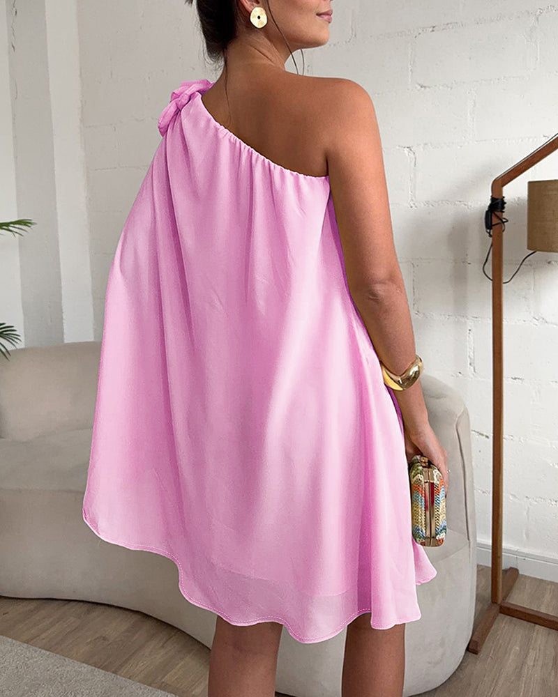 3D Flower Decor One Shoulder Sleeveless Mini Dress Casual A Line Vacation Dress - Image 17
