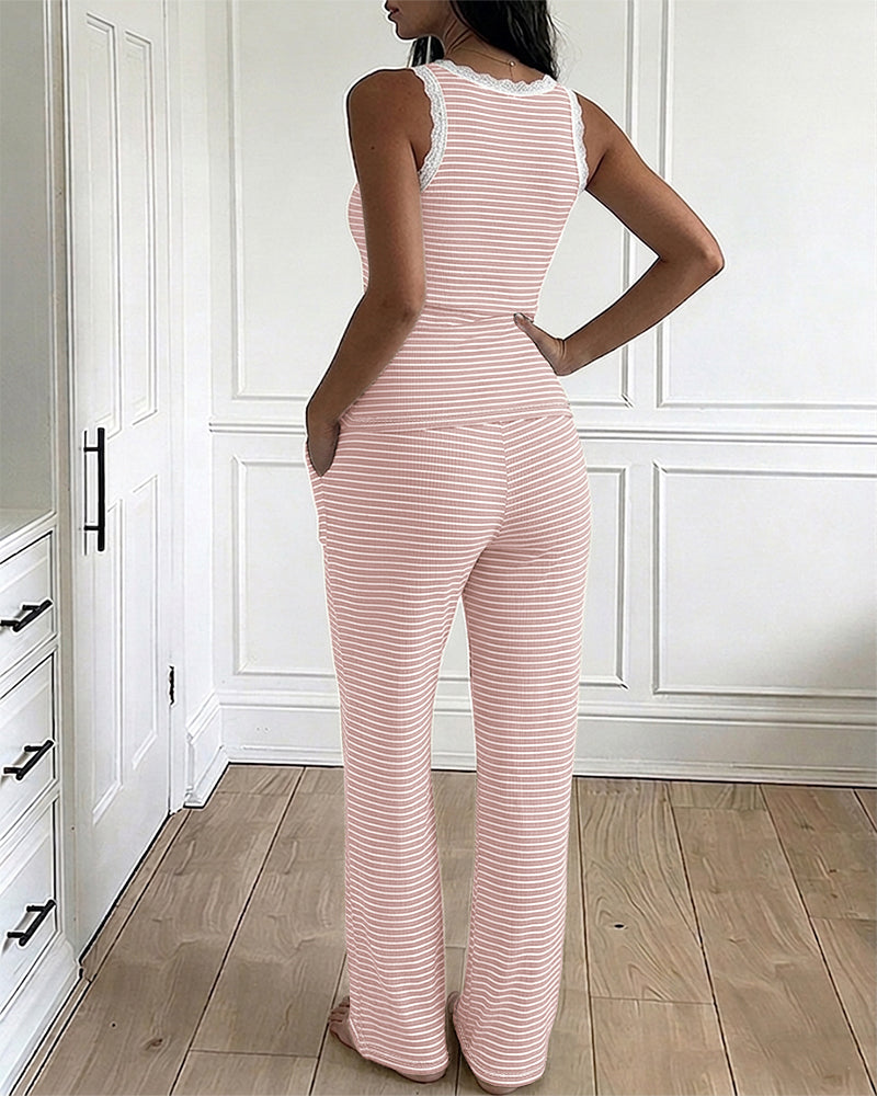 Women's 2 Piece Lace Trim Stripe Lounge Set Sleeveless Tank Top and Wide Leg Pants Set Rib Knit Pajamas Set with Pockets - Image 12
