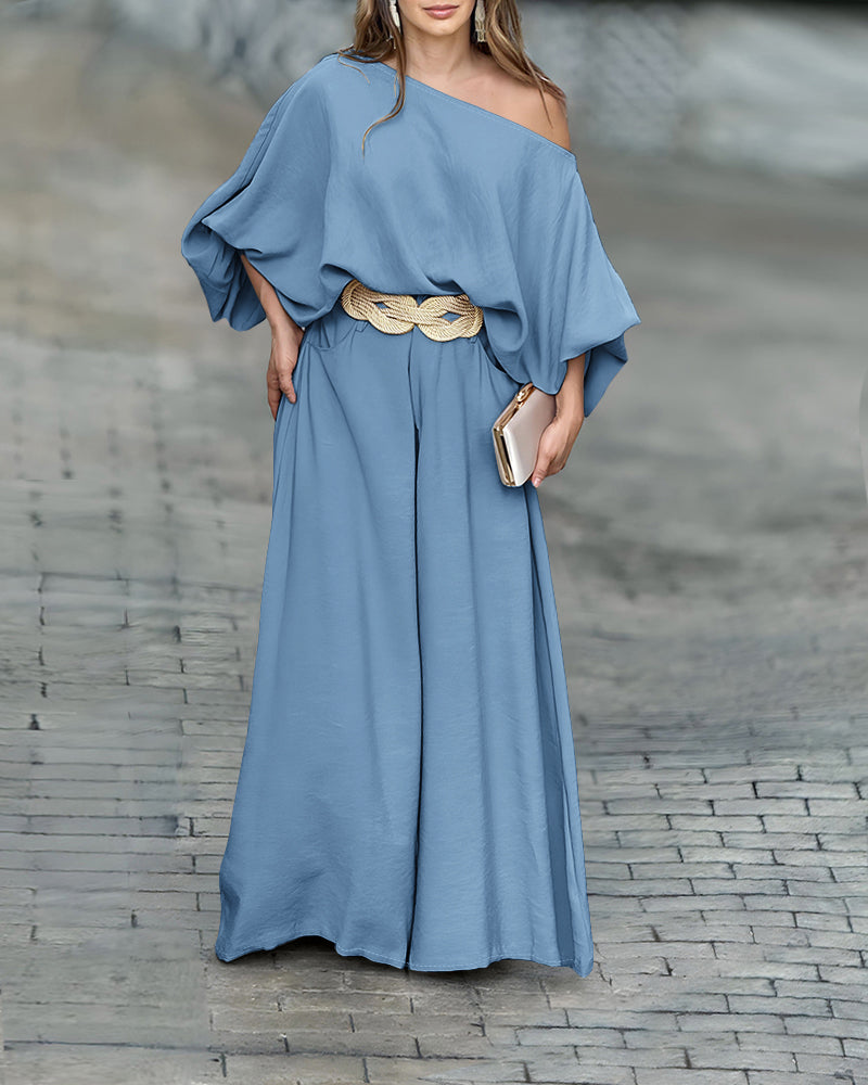 2 Pieces Outfit Turn-down Coll Long Sleeve Button Front Satin Shirt and Casual Vintage Floral Print Elastic Back Waist Wide Leg Pants Set without Belt - Image 30