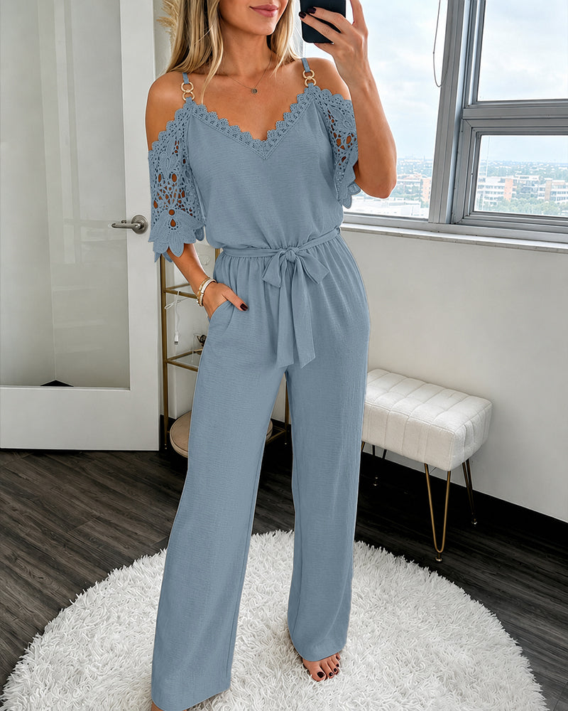 Women's Cold Shoulder Jumpsuit Gold Chain Lace Patchwork Overalls Tapered Leg Jumpsuits with Pockets & Belt - Image 22