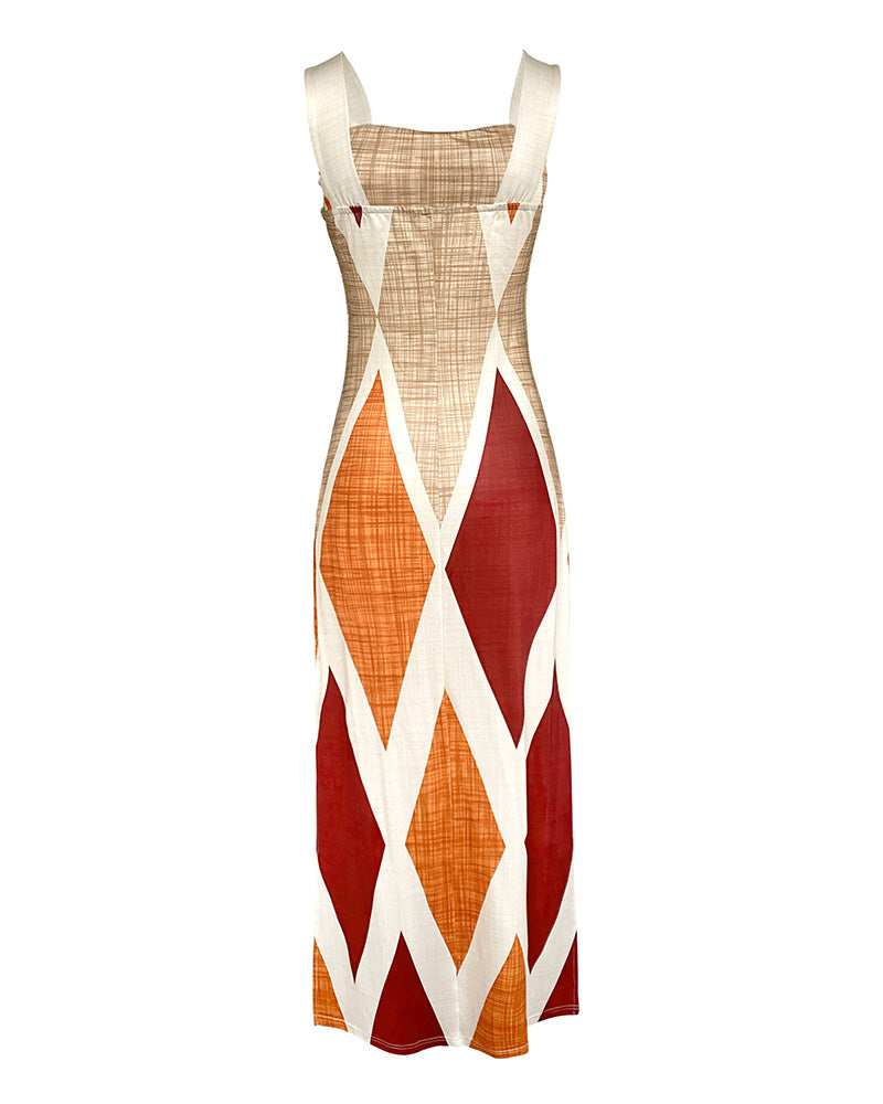 Geometric Print Square Neck Thick Strap Vacation Dress Casual Slim Fit Slit Maxi Dress - Image 5