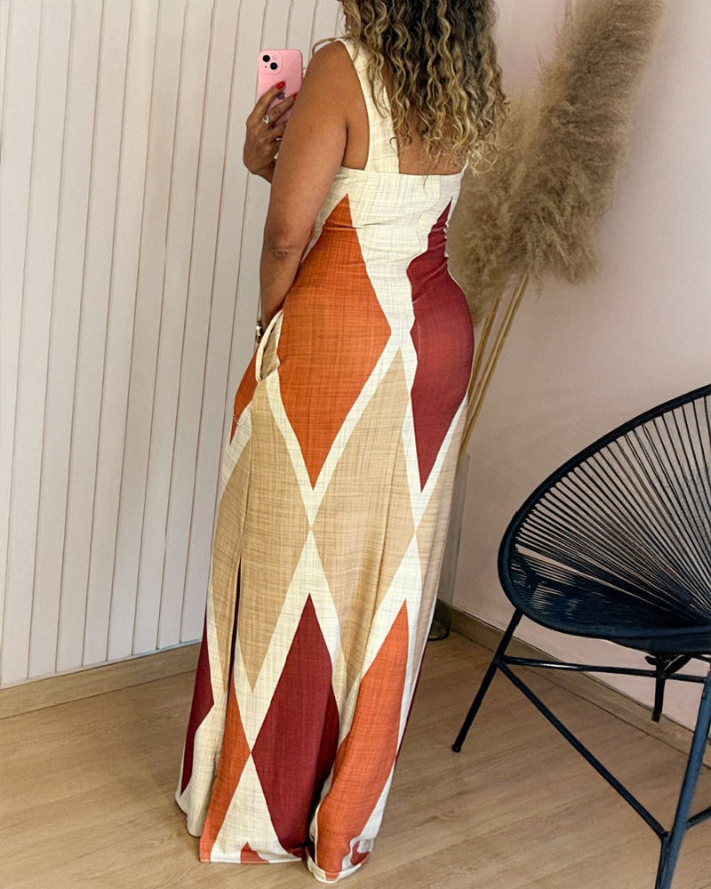 Geometric Print Square Neck Thick Strap Vacation Dress Casual Slim Fit Slit Maxi Dress - Image 2