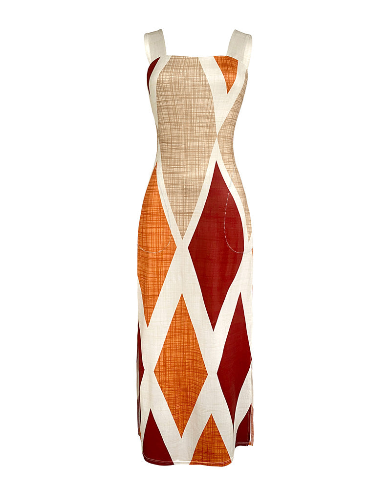Geometric Print Square Neck Thick Strap Vacation Dress Casual Slim Fit Slit Maxi Dress - Image 6