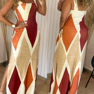 Geometric Print Square Neck Thick Strap Vacation Dress Casual Slim Fit Slit Maxi Dress