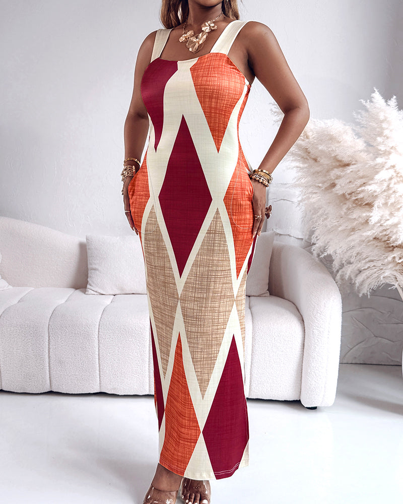 Geometric Print Square Neck Thick Strap Vacation Dress Casual Slim Fit Slit Maxi Dress - Image 4