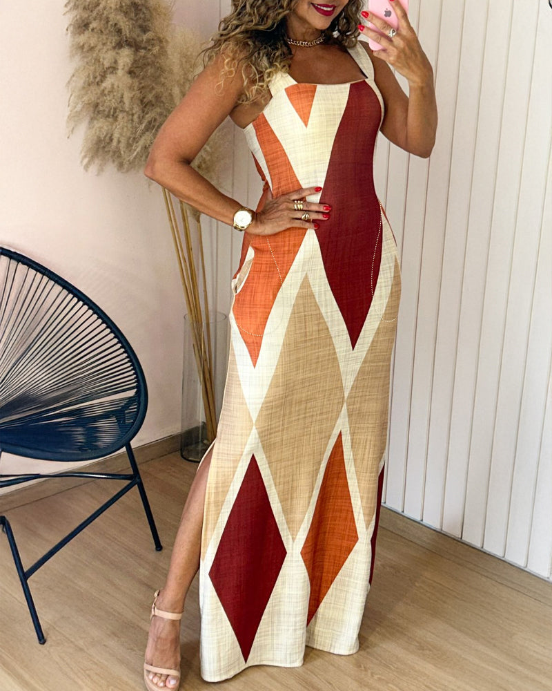 Geometric Print Square Neck Thick Strap Vacation Dress Casual Slim Fit Slit Maxi Dress - Image 3
