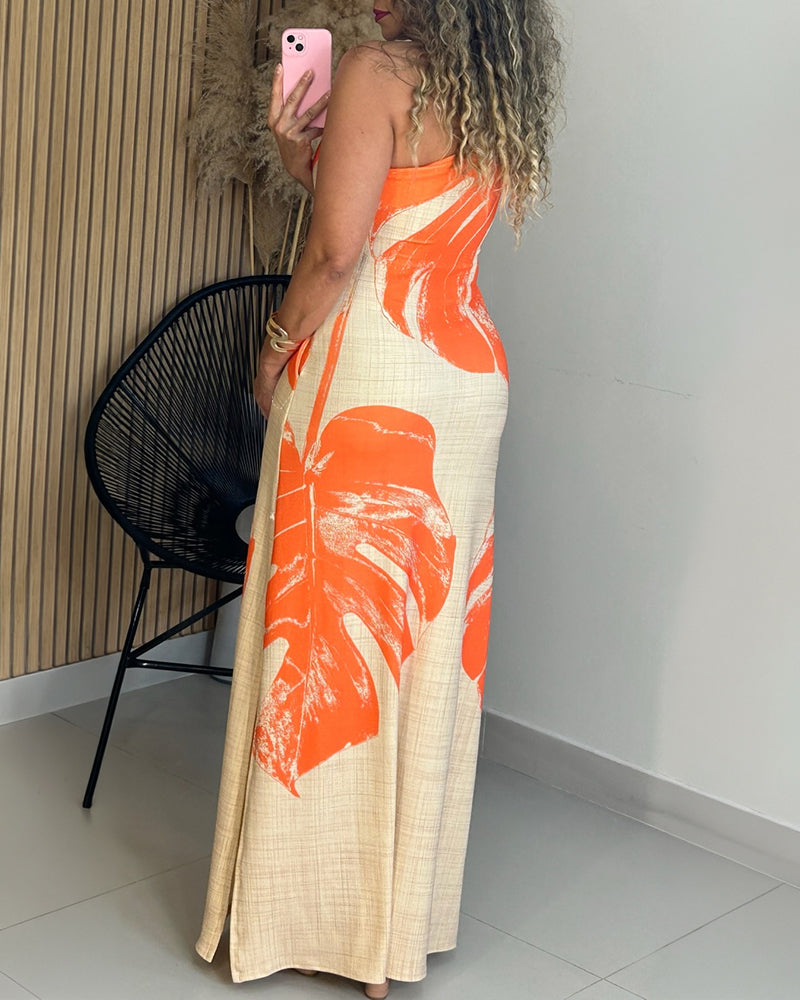 CHICME Women's Tropical Monstera Leaf Print One Shoulder Maxi Dress Side Slit Bodycon Dress with Pockets and Zipper - Image 4