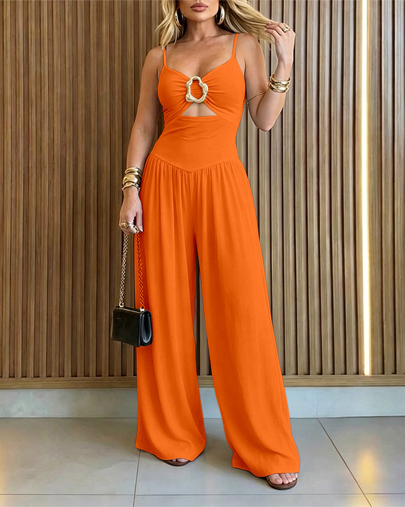 Women's Gold Ring Hollow Out Wide Leg Jumpsuit Backless Adjustable Strap Romper Elegant Party Jumpsuit - Image 20