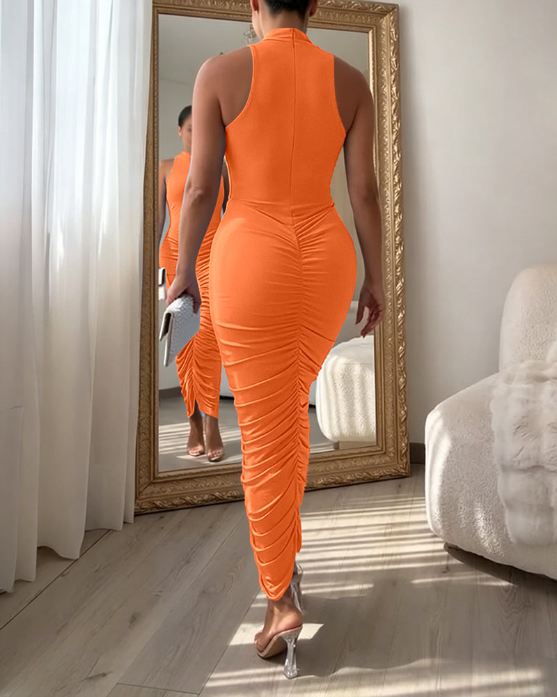 Women's Mock Neck Sleeveless Ruched Bodycon Dress Sexy Racerback Slit Slim Fit Party Dress - Image 24