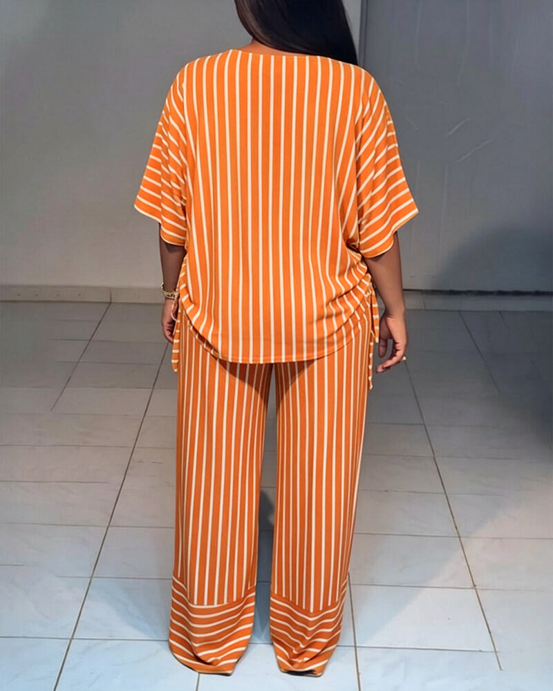 Women's Striped 2 Piece Outfits V Neck Short Sleeve Drawstring Top and Wide Leg Pants Set with Pockets - Image 24