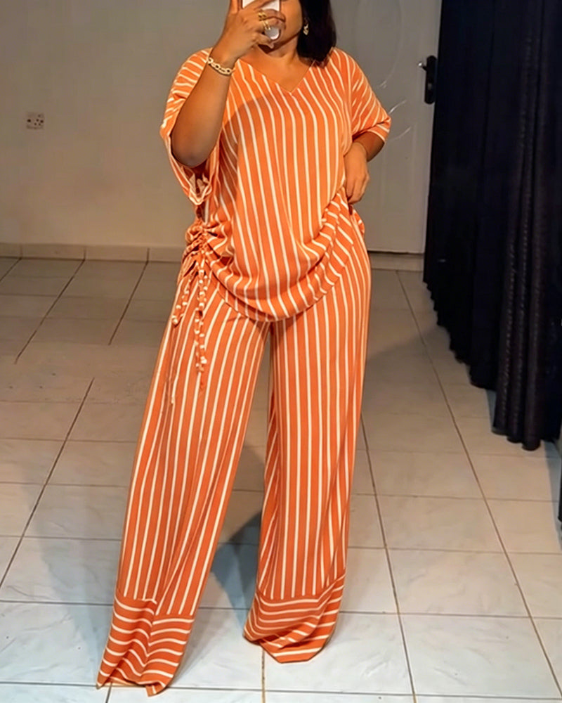 Women's Striped 2 Piece Outfits V Neck Short Sleeve Drawstring Top and Wide Leg Pants Set with Pockets - Image 26