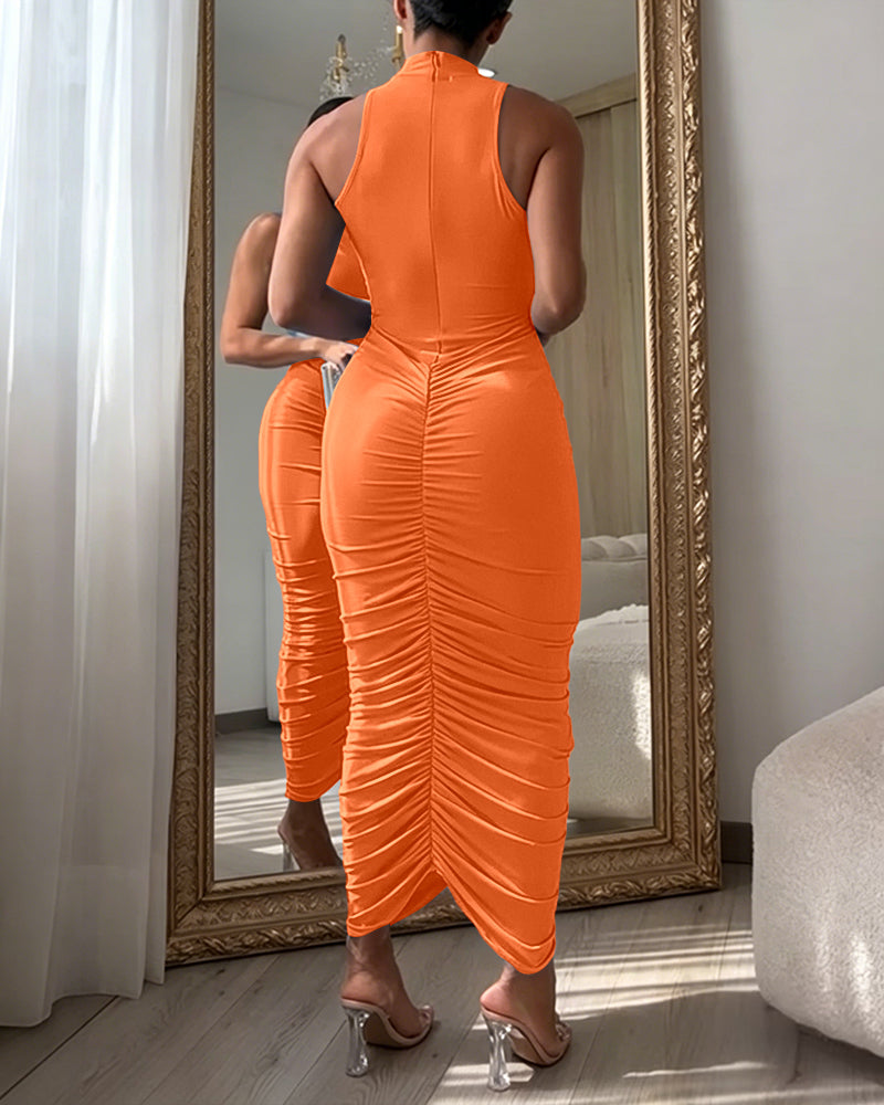 Women's Mock Neck Sleeveless Ruched Bodycon Dress Sexy Racerback Slit Slim Fit Party Dress - Image 23