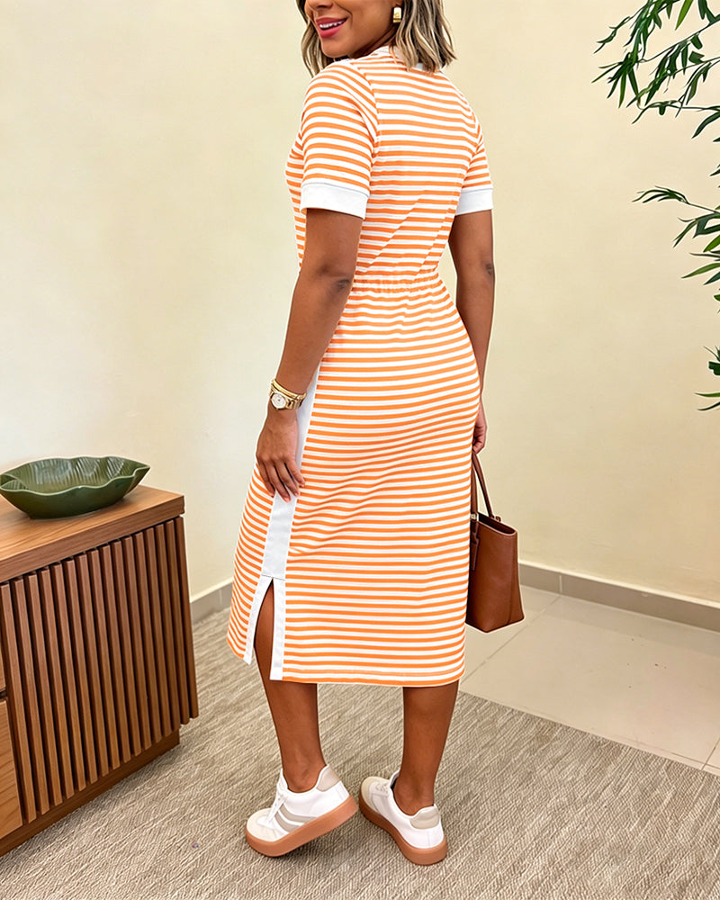 Women's Striped Colorblock Midi T-Shirt Dress Casual Crew Neck Waist-Cinching Slit Dress with Pockets - Image 18