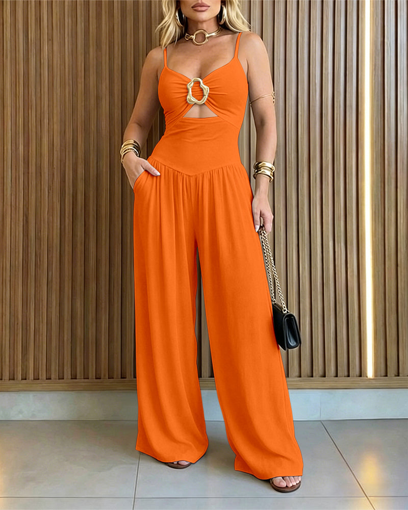 Women's Gold Ring Hollow Out Wide Leg Jumpsuit Backless Adjustable Strap Romper Elegant Party Jumpsuit - Image 19