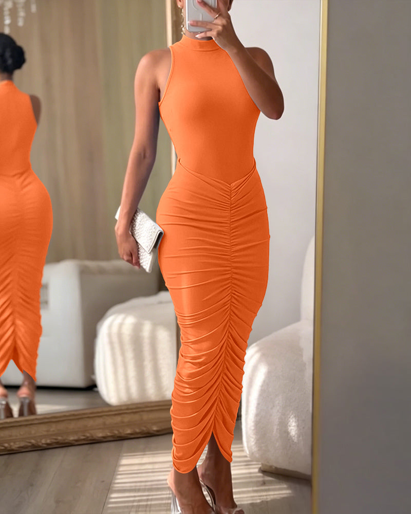 Women's Mock Neck Sleeveless Ruched Bodycon Dress Sexy Racerback Slit Slim Fit Party Dress - Image 19