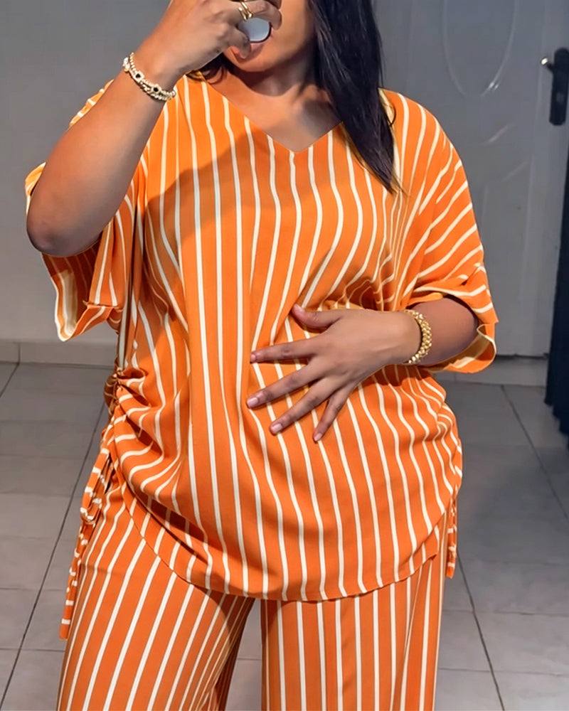 Women's Striped 2 Piece Outfits V Neck Short Sleeve Drawstring Top and Wide Leg Pants Set with Pockets - Image 30