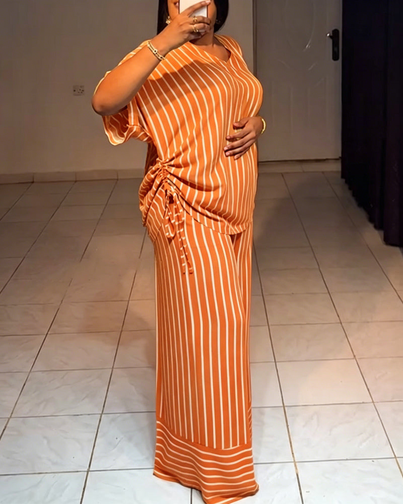 Women's Striped 2 Piece Outfits V Neck Short Sleeve Drawstring Top and Wide Leg Pants Set with Pockets - Image 25