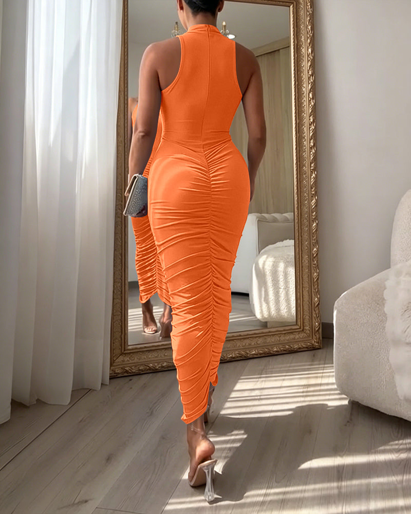 Women's Mock Neck Sleeveless Ruched Bodycon Dress Sexy Racerback Slit Slim Fit Party Dress - Image 20