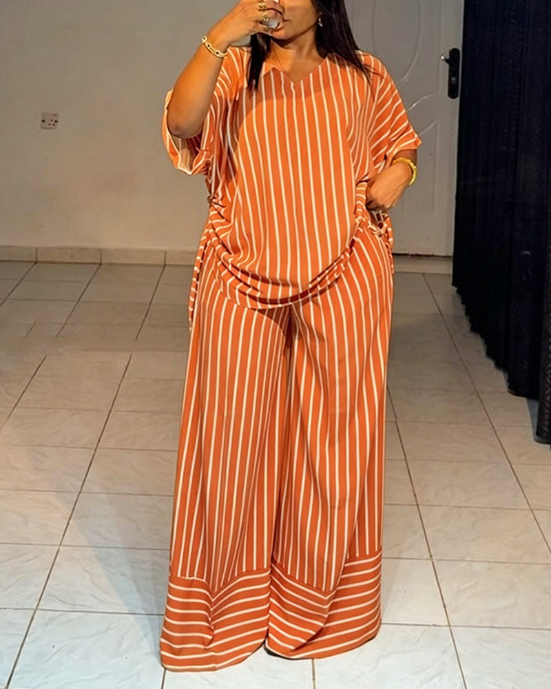Women's Striped 2 Piece Outfits V Neck Short Sleeve Drawstring Top and Wide Leg Pants Set with Pockets - Image 27