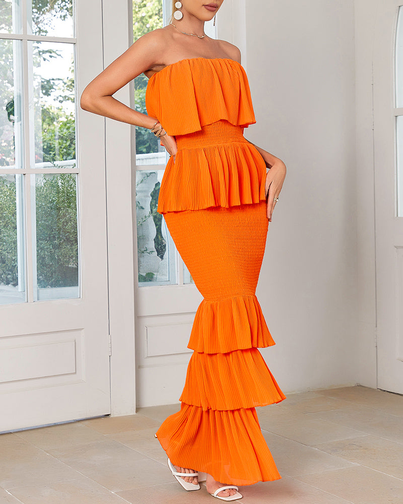 Layered Ruffle Shirred Slim Fit Strapless Dress Textured Maxi Party Dress - Image 14