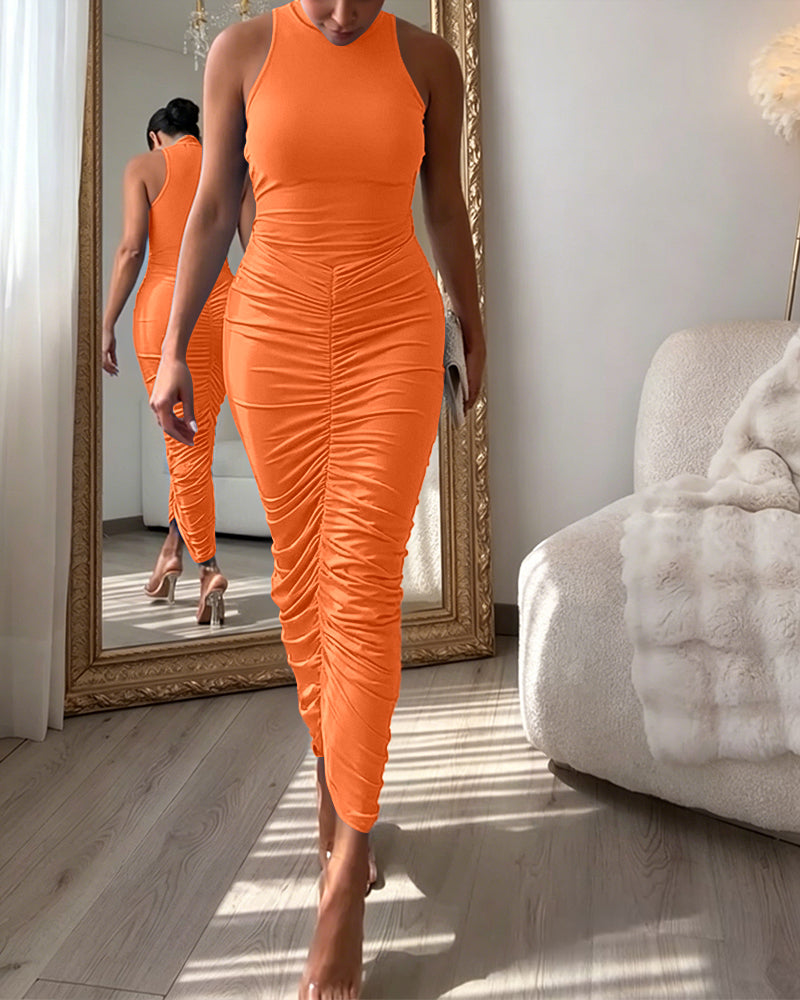 Women's Mock Neck Sleeveless Ruched Bodycon Dress Sexy Racerback Slit Slim Fit Party Dress - Image 22