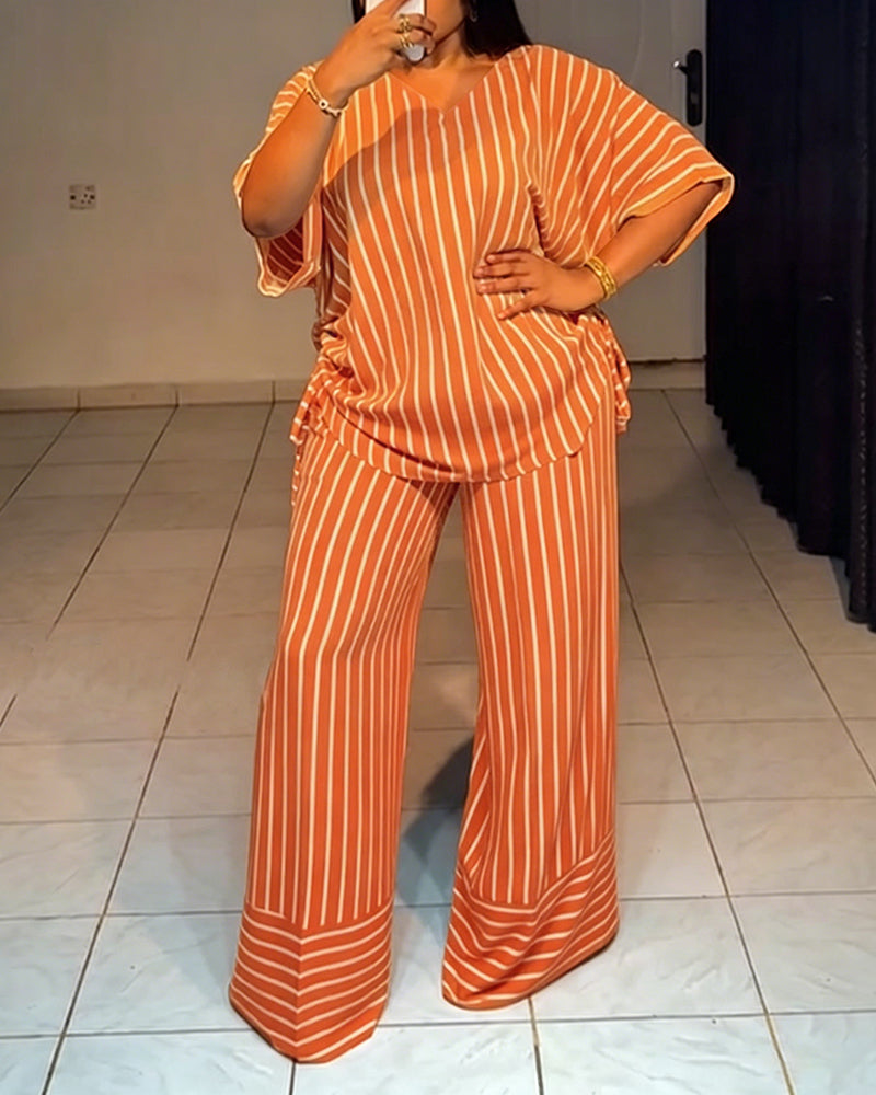 Women's Striped 2 Piece Outfits V Neck Short Sleeve Drawstring Top and Wide Leg Pants Set with Pockets - Image 28