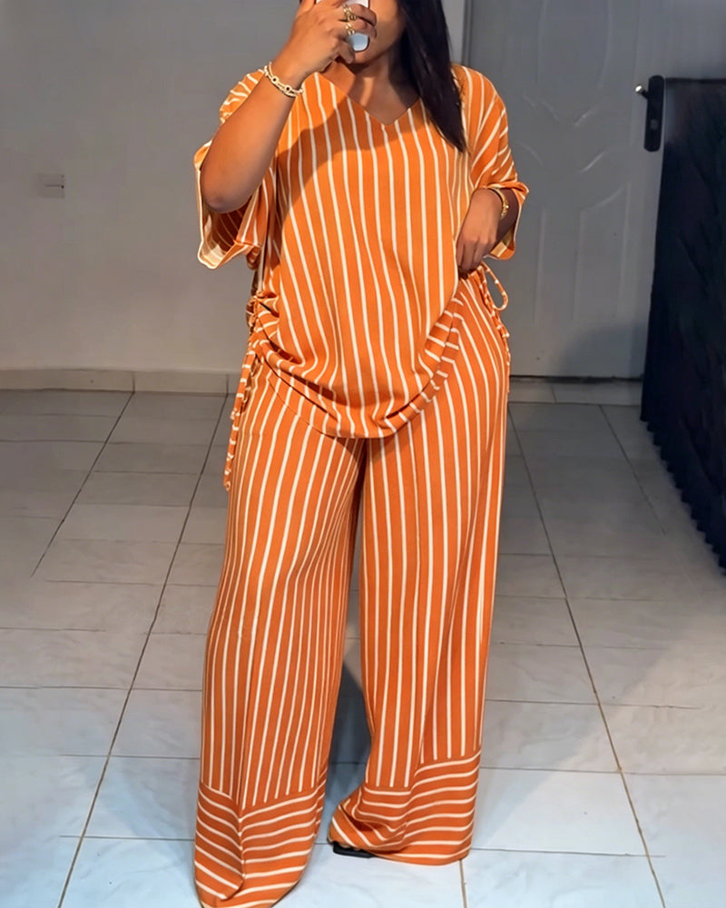 Women's Striped 2 Piece Outfits V Neck Short Sleeve Drawstring Top and Wide Leg Pants Set with Pockets - Image 29