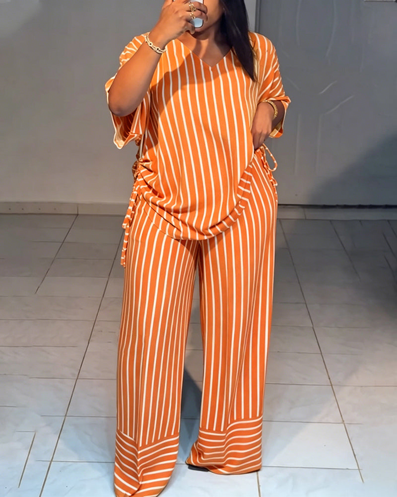 Women's Striped 2 Piece Outfits V Neck Short Sleeve Drawstring Top and Wide Leg Pants Set with Pockets - Image 23