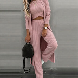 Women's 3 Piece Knit Set Long Cardigan Criss Cross Crop Tank Top and Wide Leg Pants Casual Ribbed Brushed Lounge Set