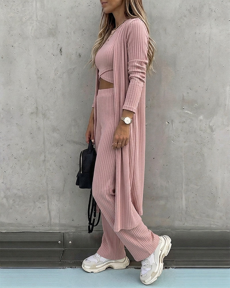 Women's 3 Piece Knit Set Long Cardigan Criss Cross Crop Tank Top and Wide Leg Pants Casual Ribbed Brushed Lounge Set - Image 2