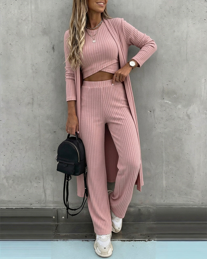 Women's 3 Piece Knit Set Long Cardigan Criss Cross Crop Tank Top and Wide Leg Pants Casual Ribbed Brushed Lounge Set - Image 3