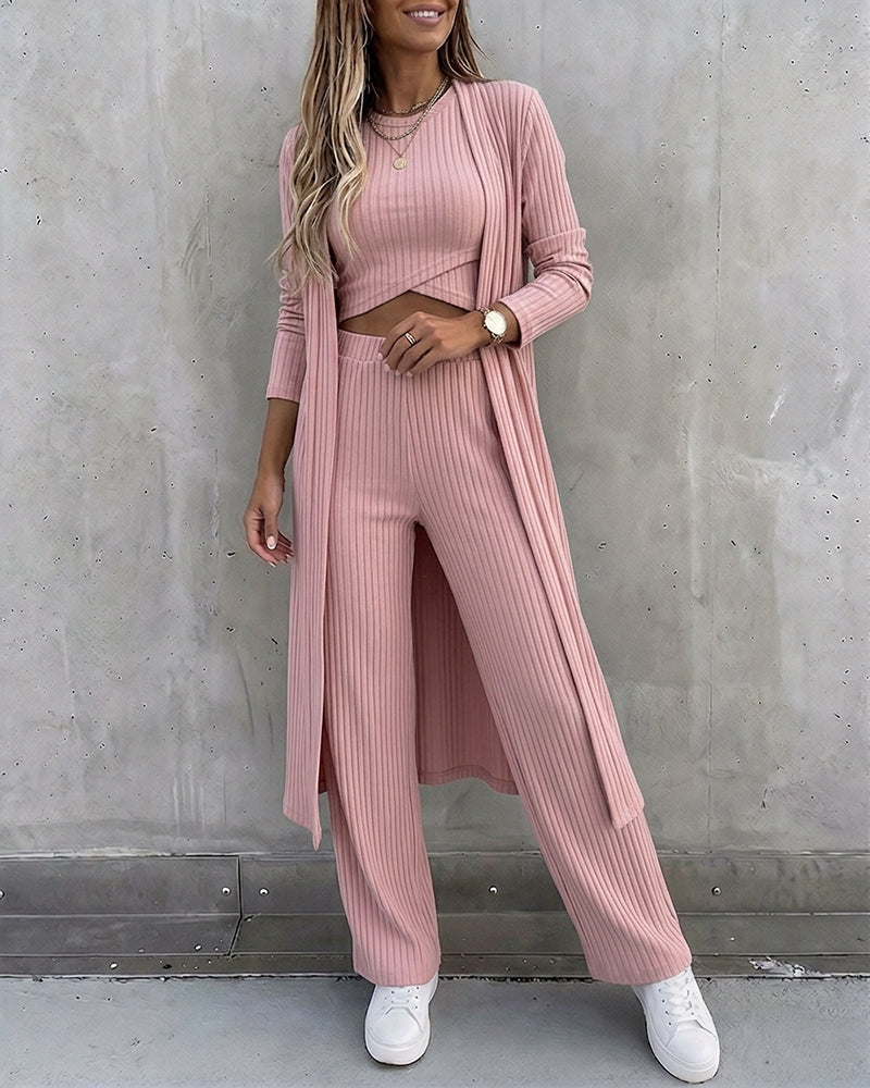 Women's 3 Piece Knit Set Long Cardigan Criss Cross Crop Tank Top and Wide Leg Pants Casual Ribbed Brushed Lounge Set - Image 4