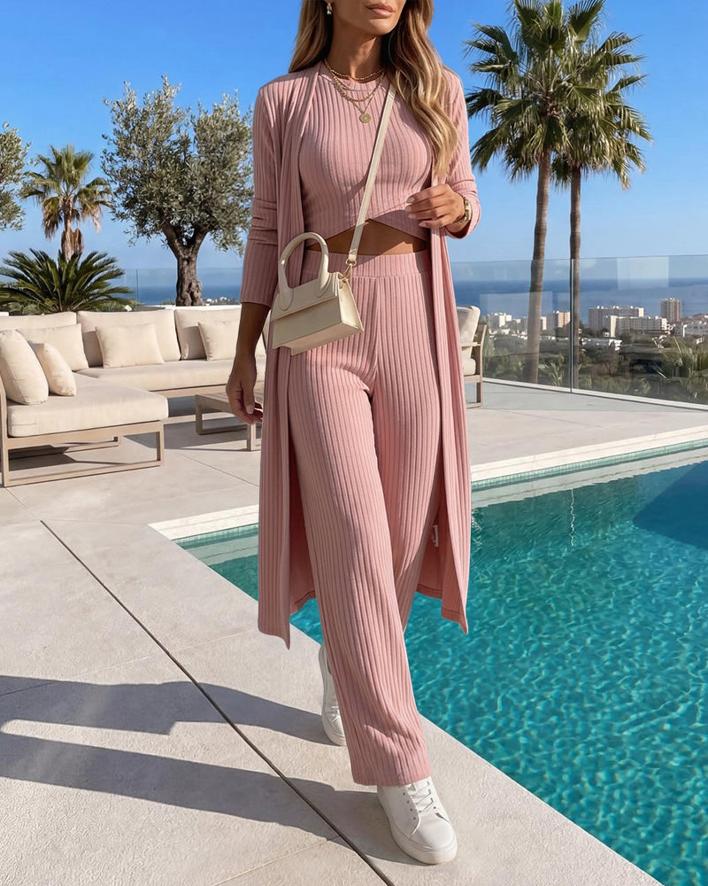 Women's 3 Piece Knit Set Long Cardigan Criss Cross Crop Tank Top and Wide Leg Pants Casual Ribbed Brushed Lounge Set - Image 5