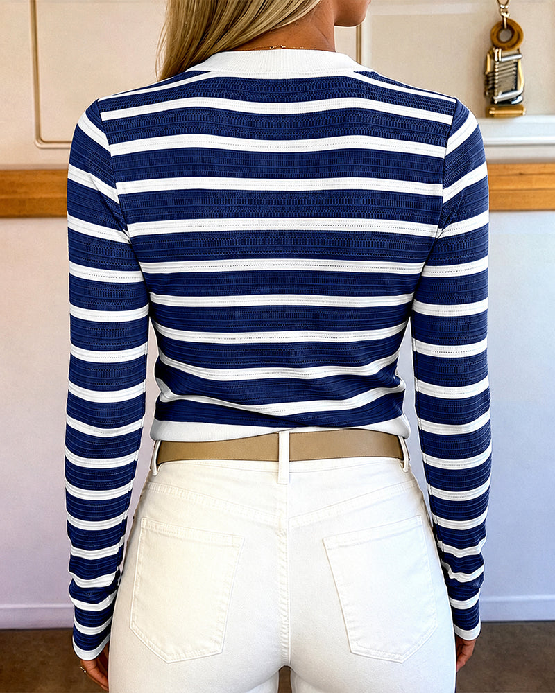 Women's Striped Knit Top Gold Button Long Sleeve Pullover Crewneck Slim Fit Knitwear Contrast Binding Sweater - Image 16