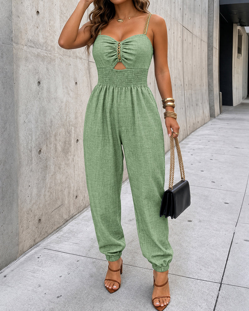 Women's Chain Decor Straps Jumpsuit Hollow Out Shirred Waist Overalls Casual Jogger Jumpsuit with Pockets - Image 16
