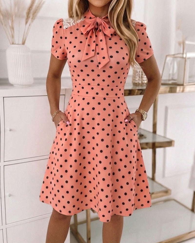 Women's Polka Dot A Line Dress Vintage Tie Neck Puff Sleeve Lace Patchwork Commuting Dress with Pockets - Image 3