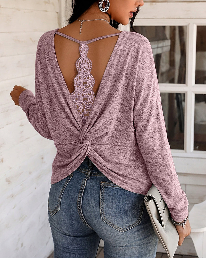 Women's Long Sleeve Knit Top Backless Twist Lace Panel Casual Tee - Image 23