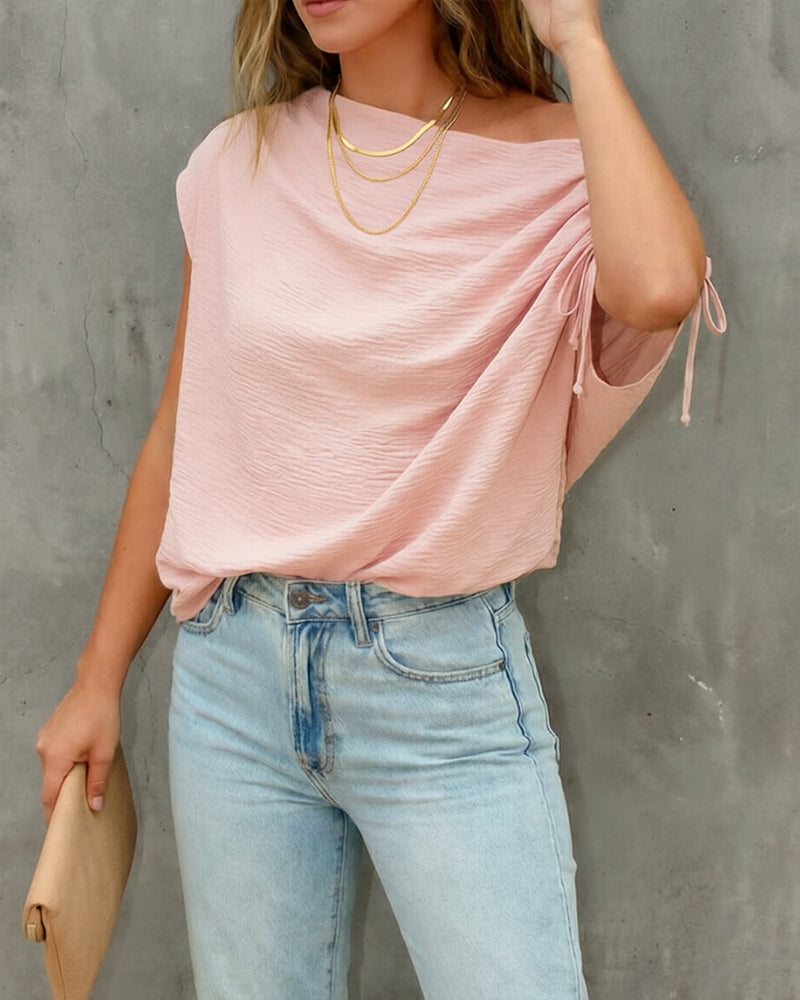 Skew Neck Drawstring Sleeve Loose Fit Casual Top - Image 15