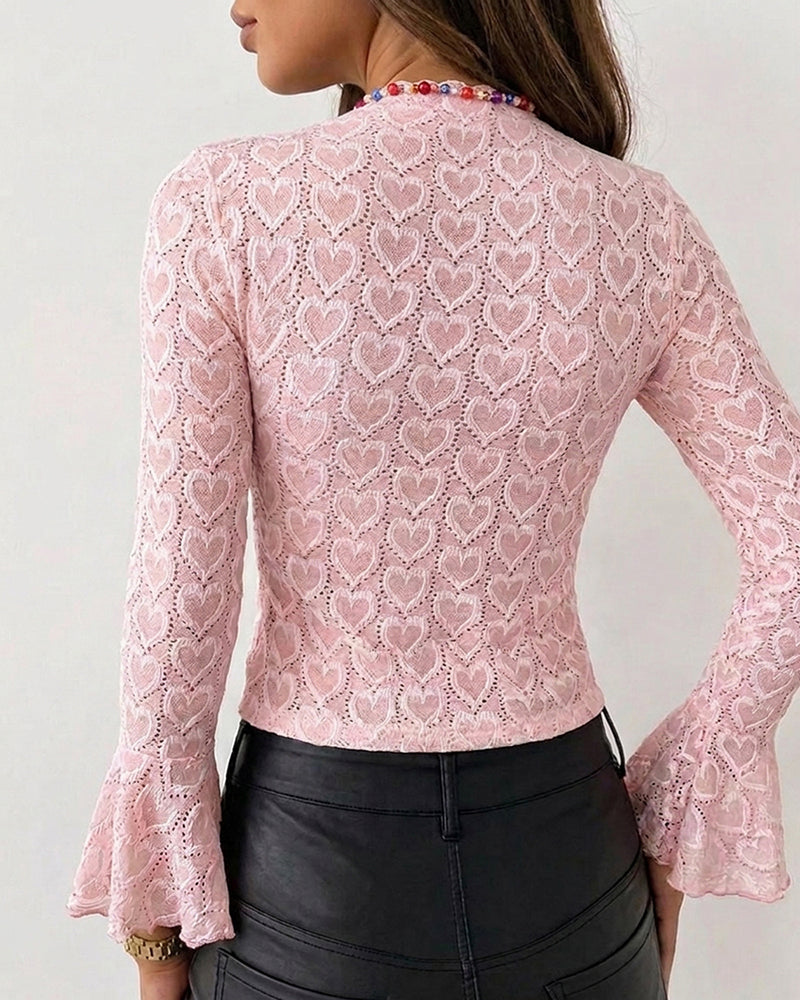 CHICME Women's Heart Jacquard Knit Top Mock Neck Long Sleeve Flare Cuff Slim Fit Blouse with Frill Trim and Hollow-out Details - Image 2