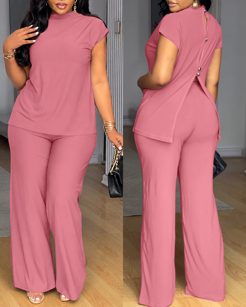 Women's 2 Piece Set Mock Neck Ruched Open Back Button Slit Top and Wide Leg Pants Casual Outfits with Pockets - Image 14