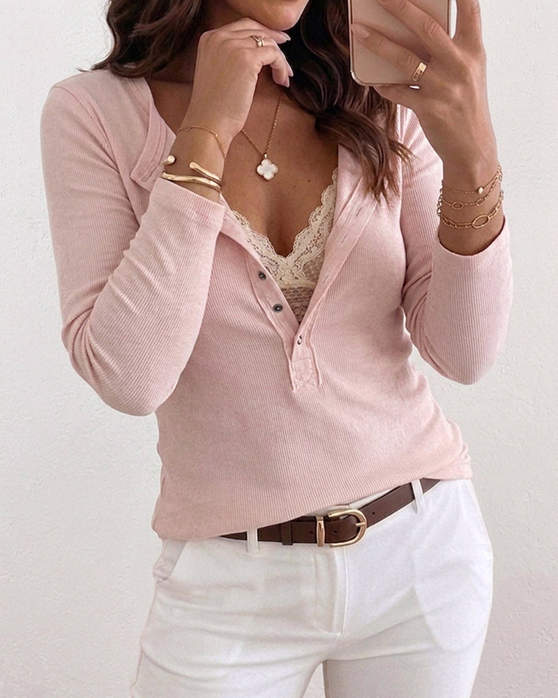 Women's Ribbed Henley Long Sleeve Top Slim Fit Base Layer Tee