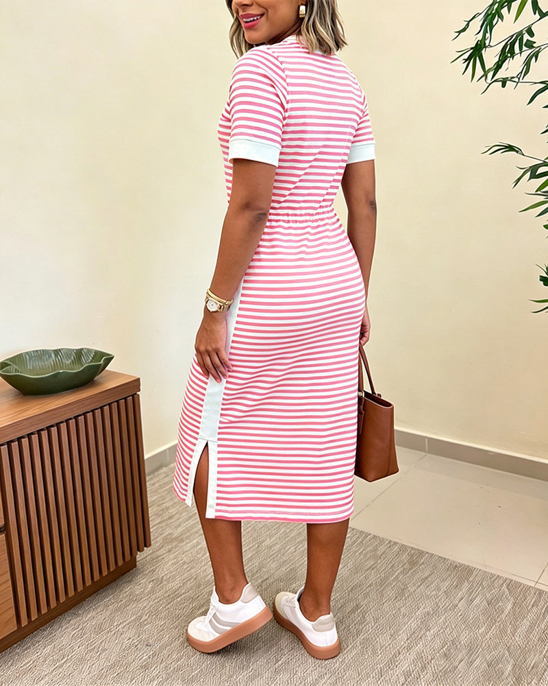 Women's Striped Colorblock Midi T-Shirt Dress Casual Crew Neck Waist-Cinching Slit Dress with Pockets - Image 22