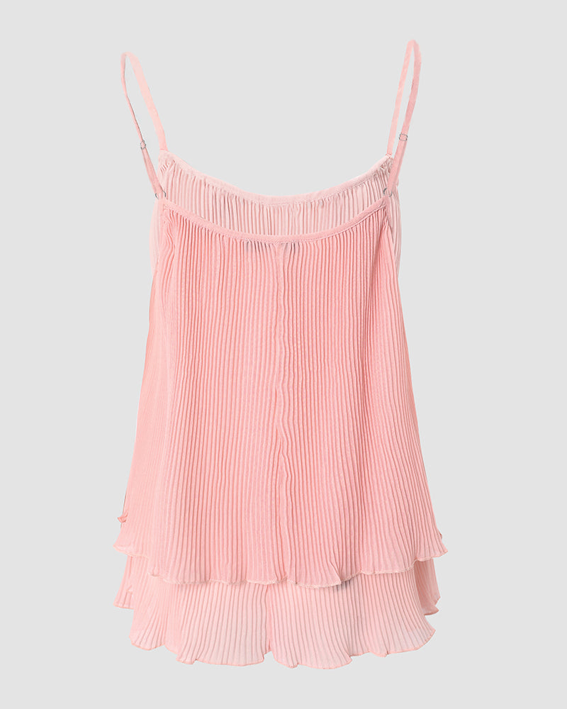 Women's Pleated Cami Top Pearls Decor Spaghetti Strap Tank Layered Ruffle Hem Flowy Sleeveless Chiffon Top - Image 7