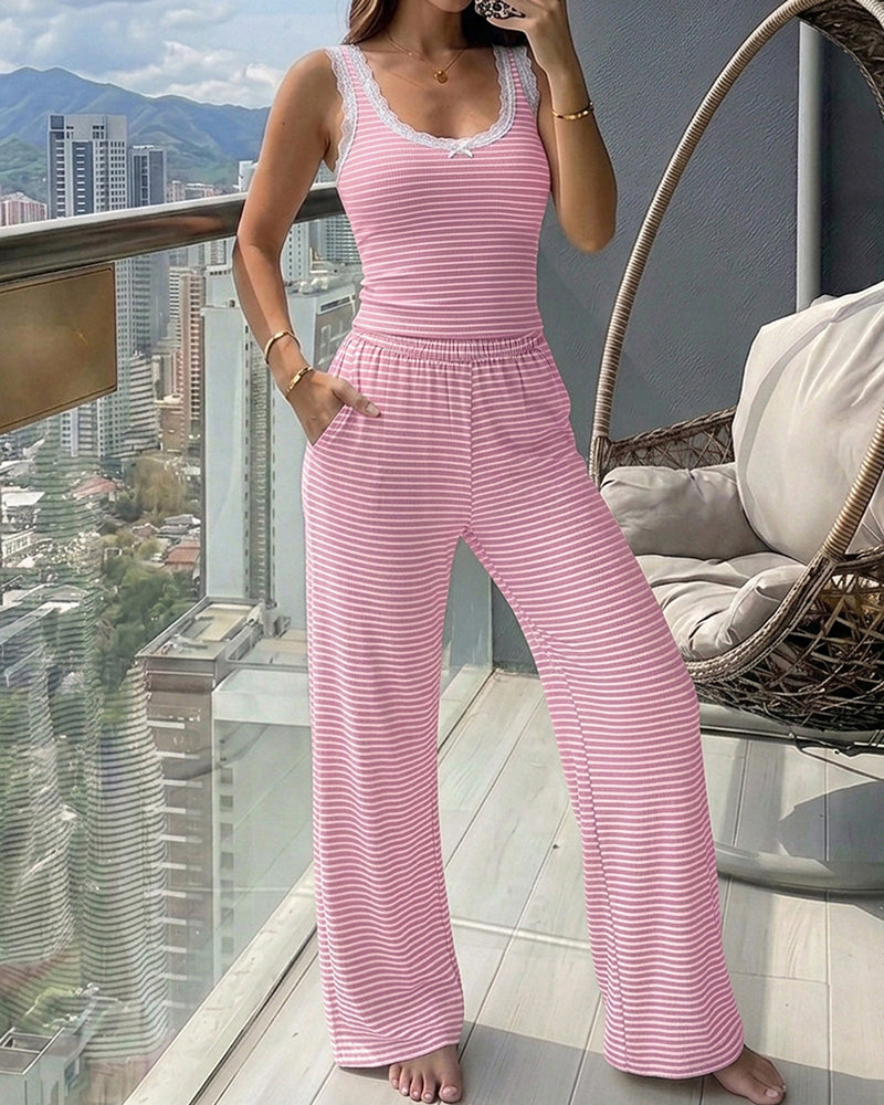 Women's 2 Piece Lace Trim Stripe Lounge Set Sleeveless Tank Top and Wide Leg Pants Set Rib Knit Pajamas Set with Pockets - Image 18