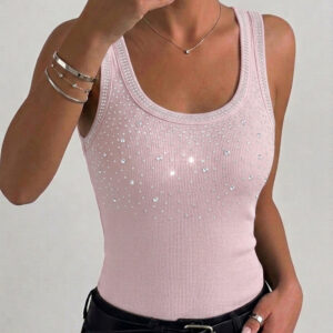 Rhinestone Decor U-Neck Sleeveless Slim Fit Ribbed Tank Top