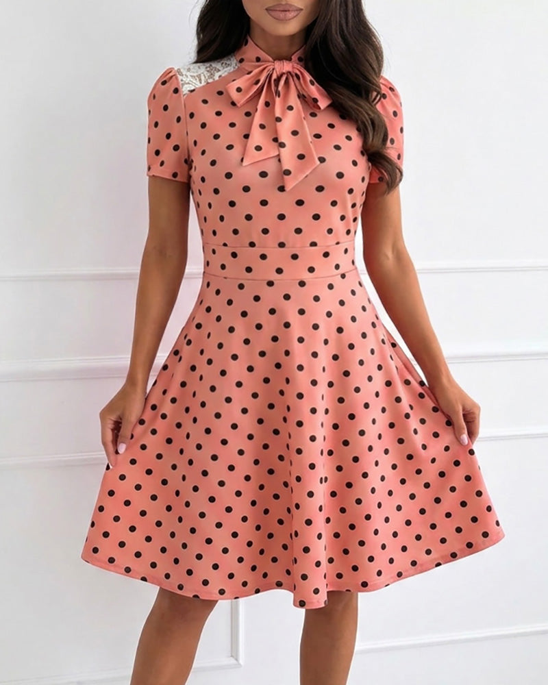 Women's Polka Dot A Line Dress Vintage Tie Neck Puff Sleeve Lace Patchwork Commuting Dress with Pockets - Image 6