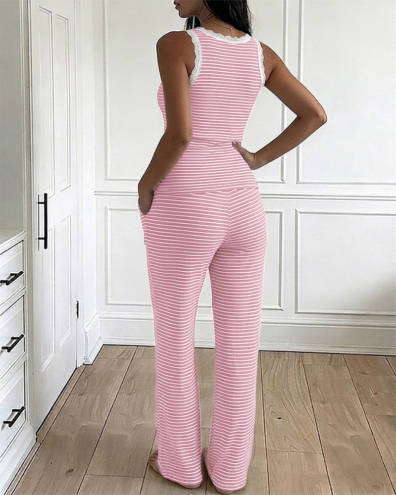 Women's 2 Piece Lace Trim Stripe Lounge Set Sleeveless Tank Top and Wide Leg Pants Set Rib Knit Pajamas Set with Pockets - Image 19
