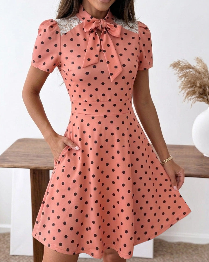 Women's Polka Dot A Line Dress Vintage Tie Neck Puff Sleeve Lace Patchwork Commuting Dress with Pockets - Image 7