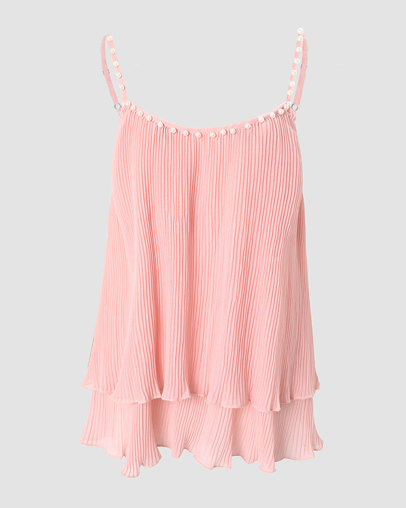 Women's Pleated Cami Top Pearls Decor Spaghetti Strap Tank Layered Ruffle Hem Flowy Sleeveless Chiffon Top - Image 6