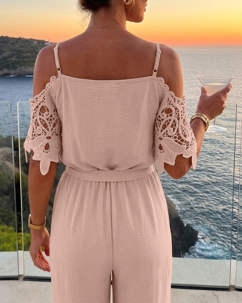 Women's Cold Shoulder Jumpsuit Gold Chain Lace Patchwork Overalls Tapered Leg Jumpsuits with Pockets & Belt - Image 27